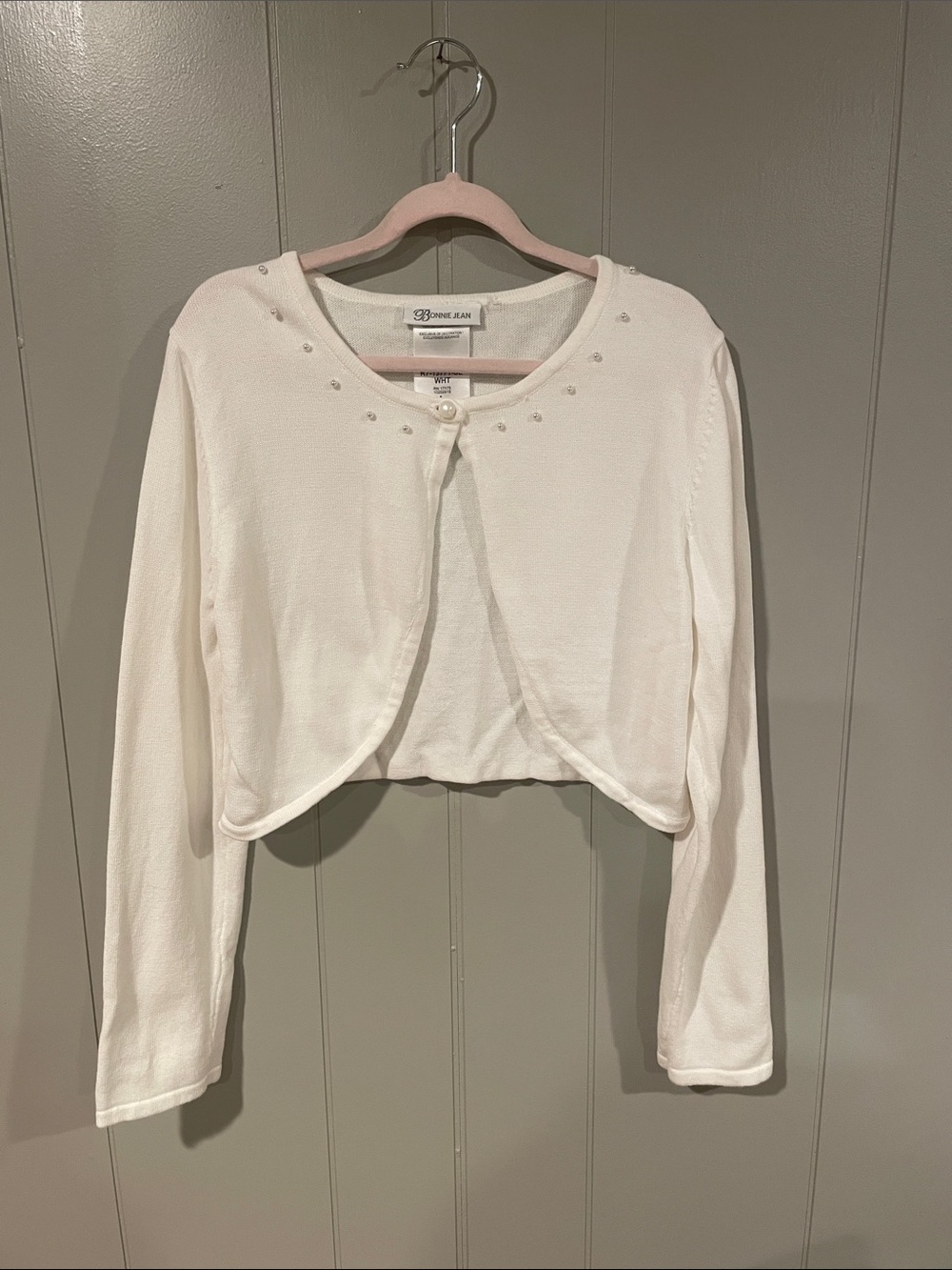 Bonnie Jean Cropped White Pearl Embellished Cardigan Girls Large
